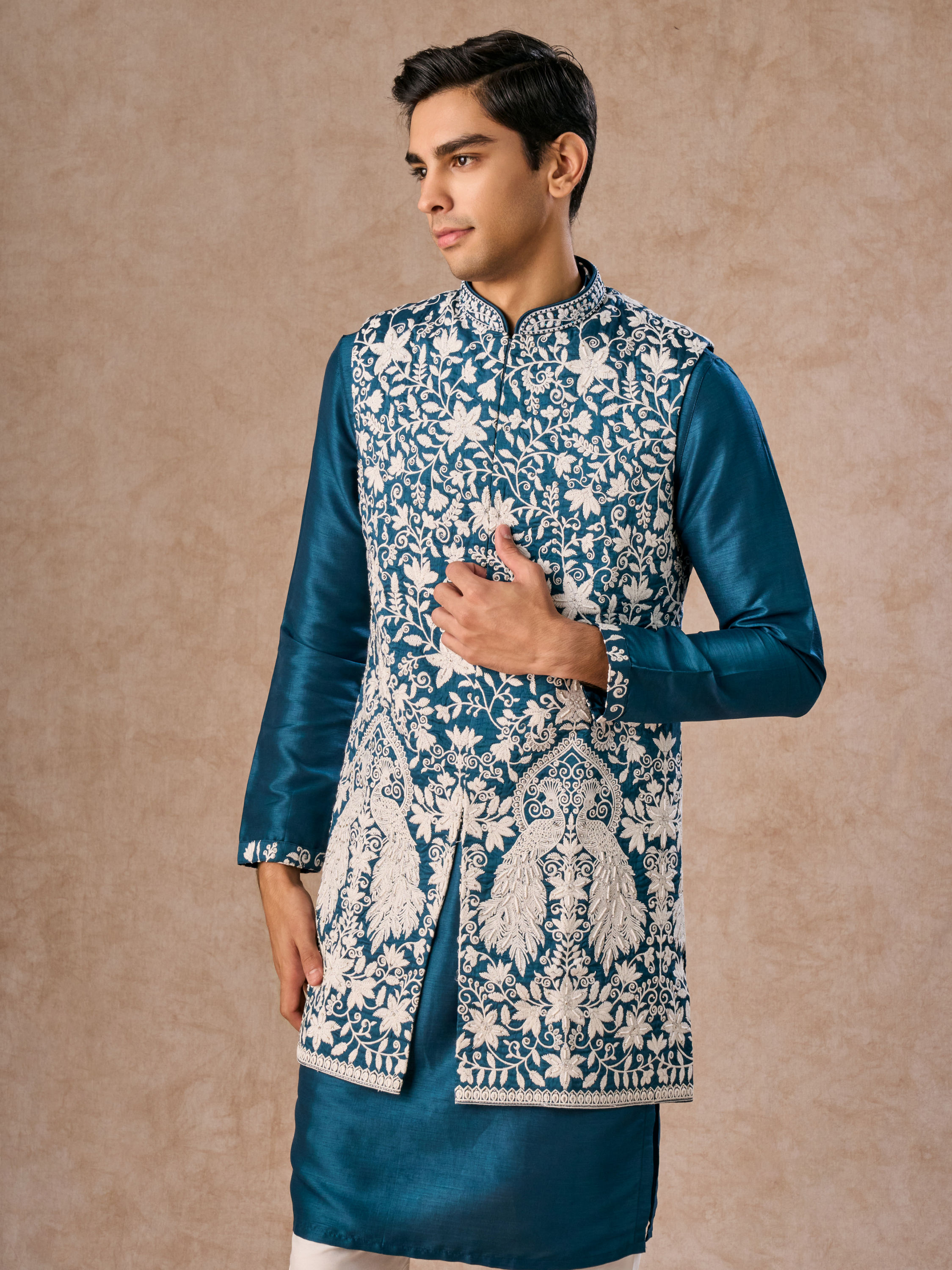 Manyavar Men Teal Blue Elegance Kurta Jacket Set