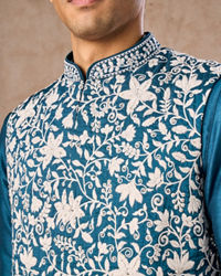 Manyavar Men Teal Blue Elegance Kurta Jacket Set