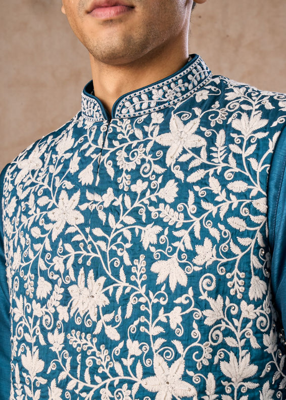 Manyavar Men Teal Blue Elegance Kurta Jacket Set