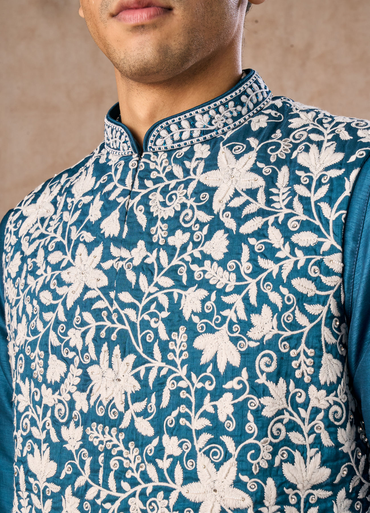 Manyavar Men Teal Blue Elegance Kurta Jacket Set