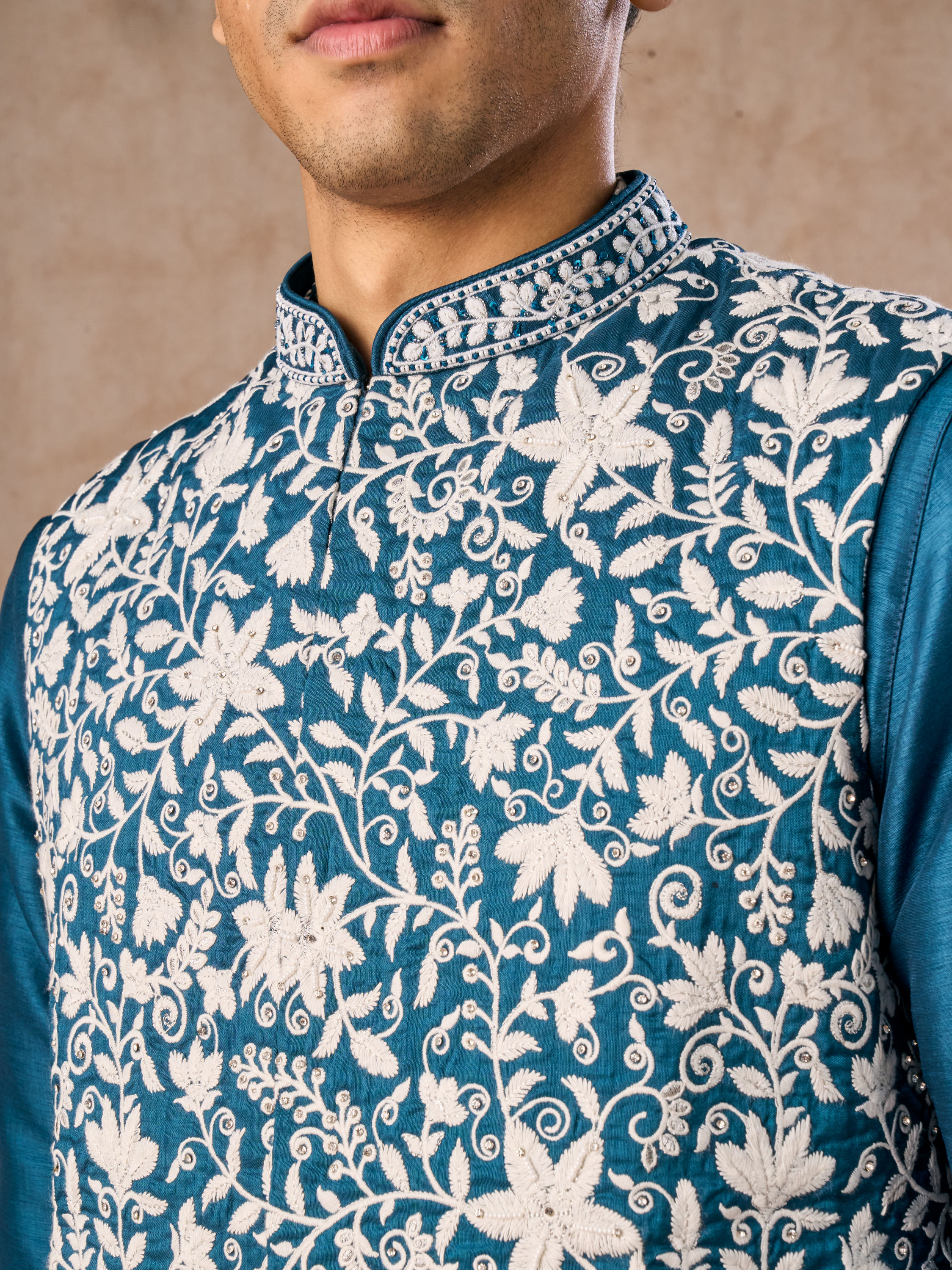Manyavar Men Teal Blue Elegance Kurta Jacket Set