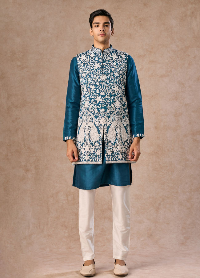 Manyavar Men Teal Blue Elegance Kurta Jacket Set