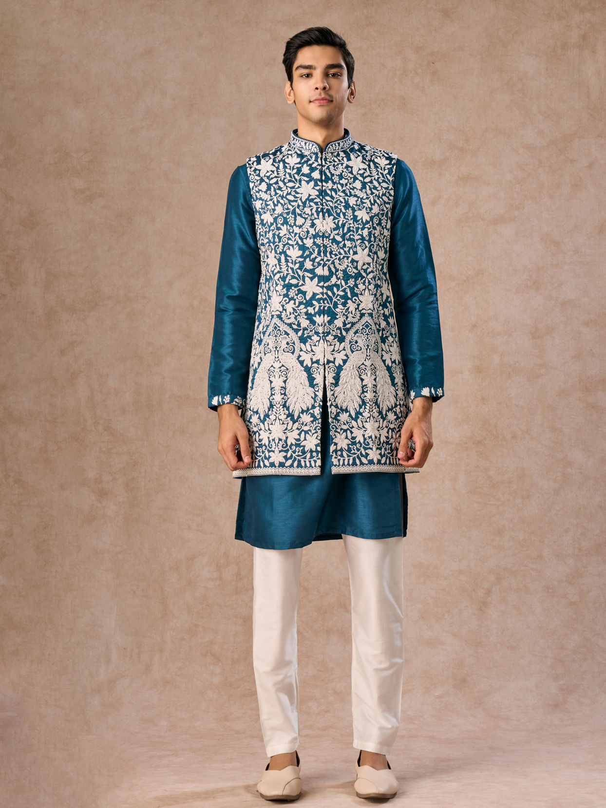 Manyavar Men Teal Blue Elegance Kurta Jacket Set