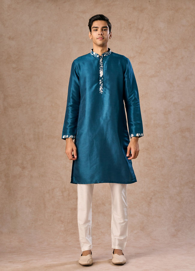 Manyavar Men Teal Blue Elegance Kurta Jacket Set