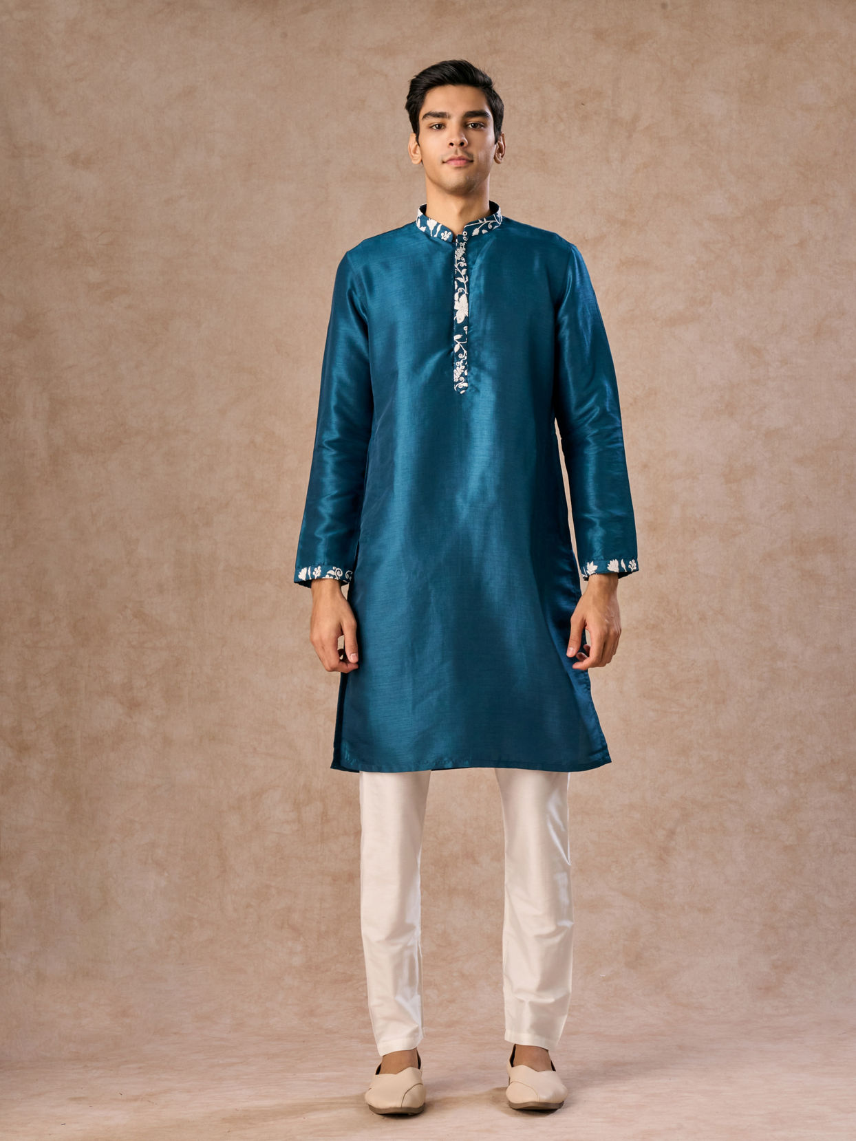 Manyavar Men Teal Blue Elegance Kurta Jacket Set