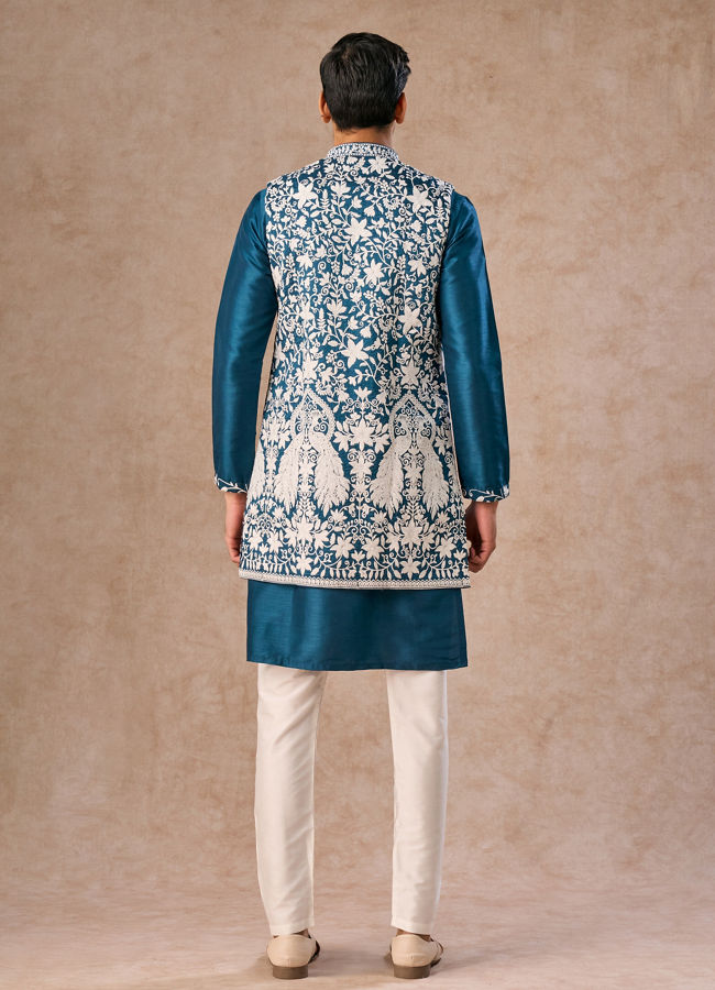 Manyavar Men Teal Blue Elegance Kurta Jacket Set