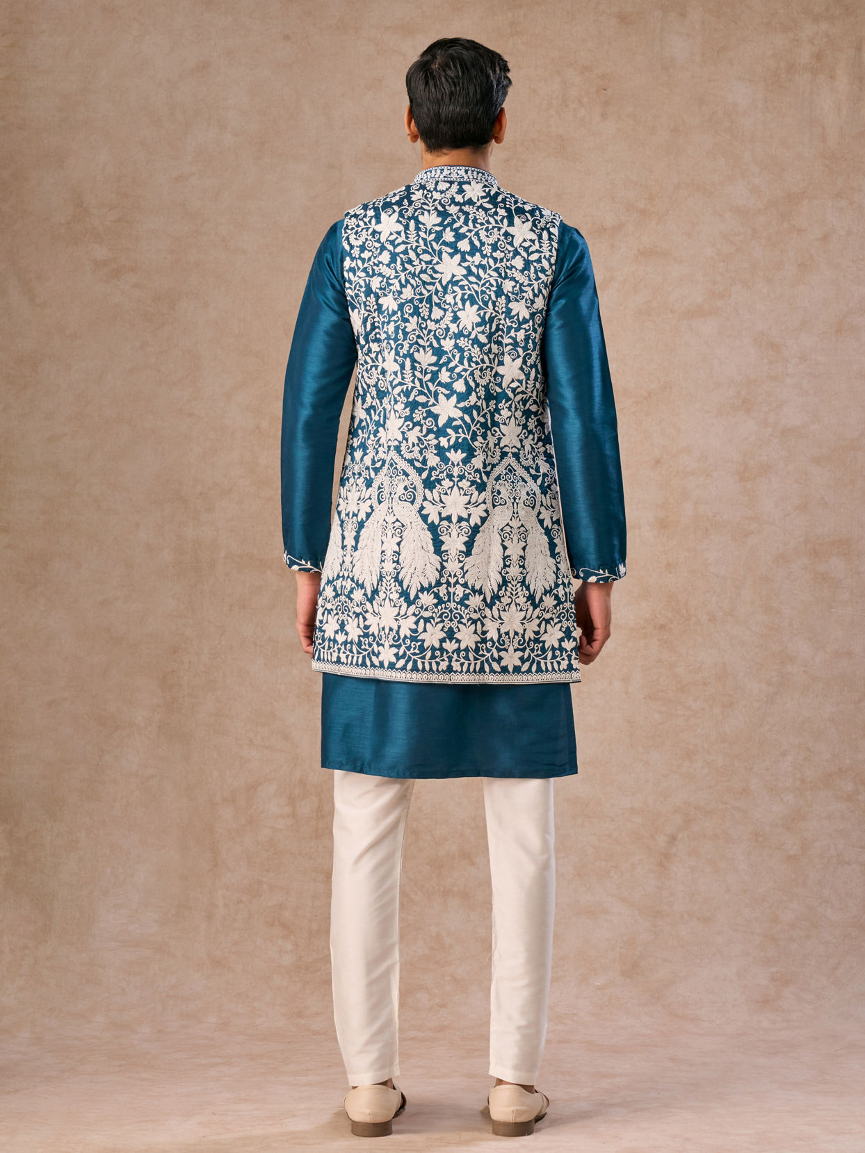 Manyavar Men Teal Blue Elegance Kurta Jacket Set
