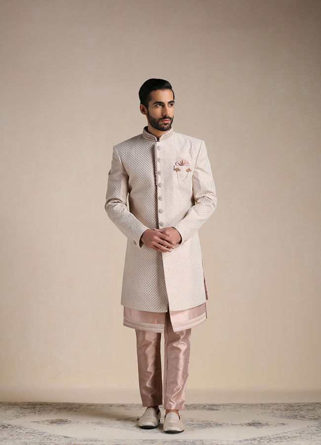Manyavar Men Soft Pink Self Embroidered Indo Western Set