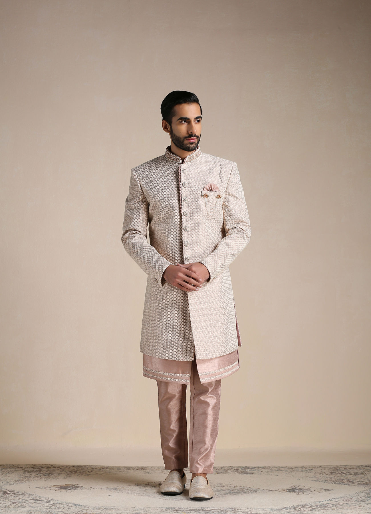 Manyavar Men Soft Pink Self Embroidered Indo Western Set