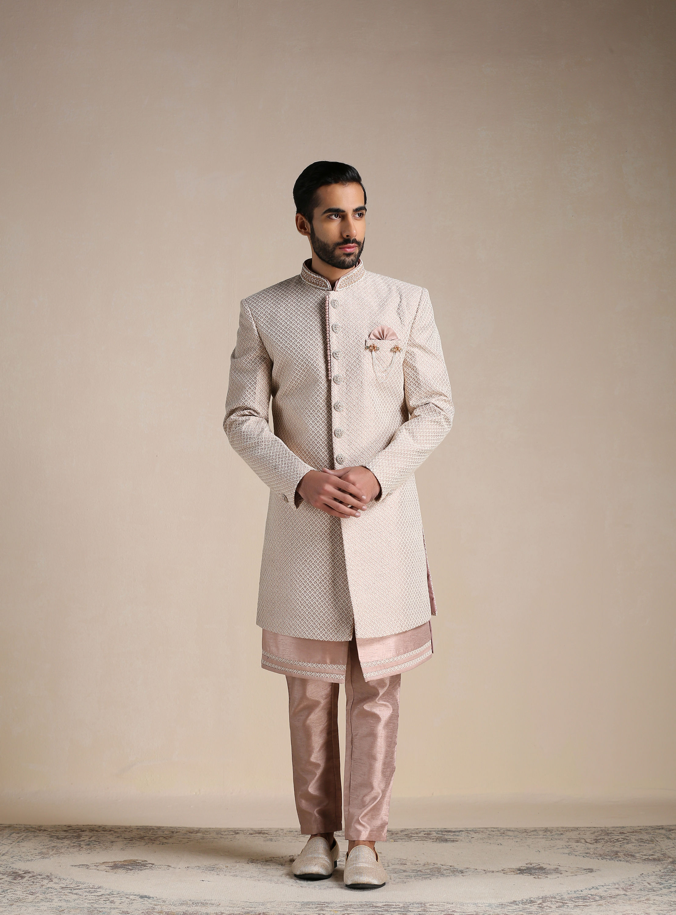 Manyavar Men Soft Pink Self Embroidered Indo Western Set
