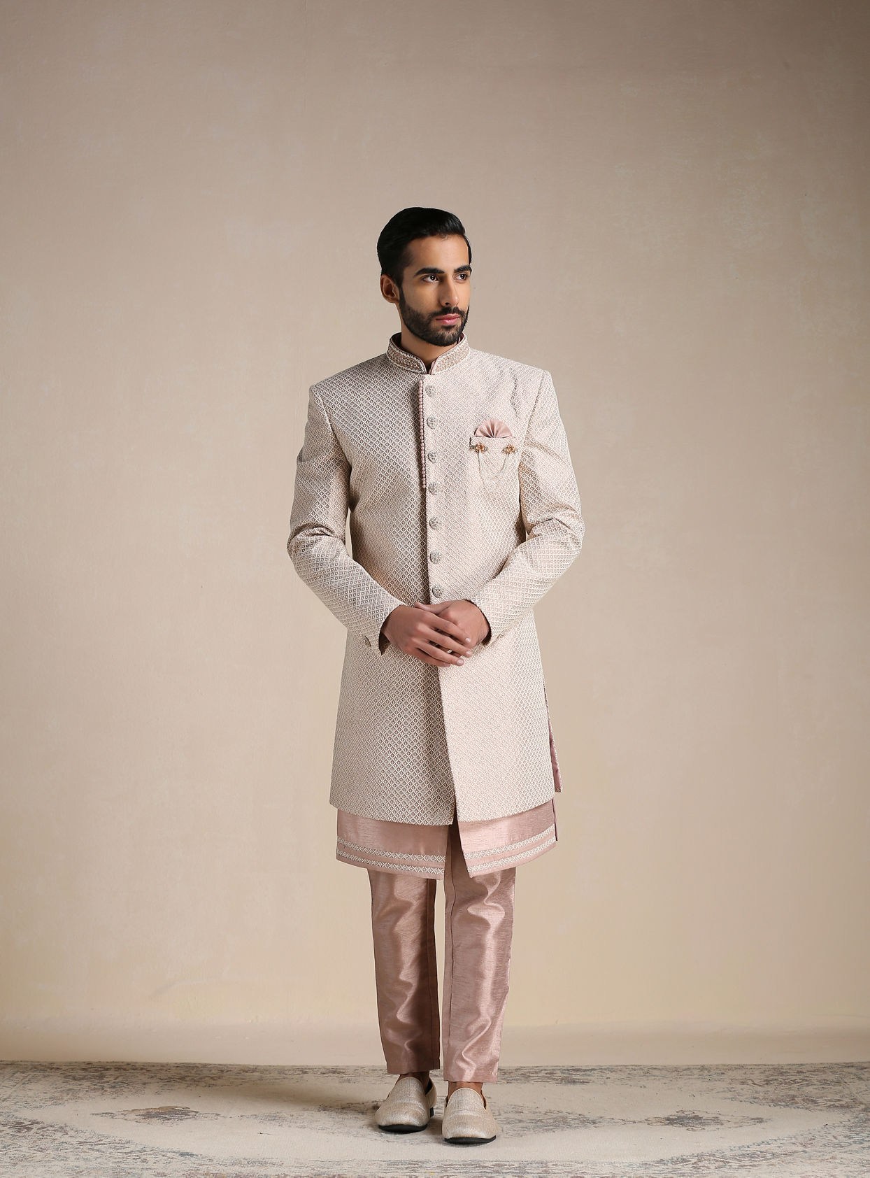 Manyavar Men Soft Pink Self Embroidered Indo Western Set