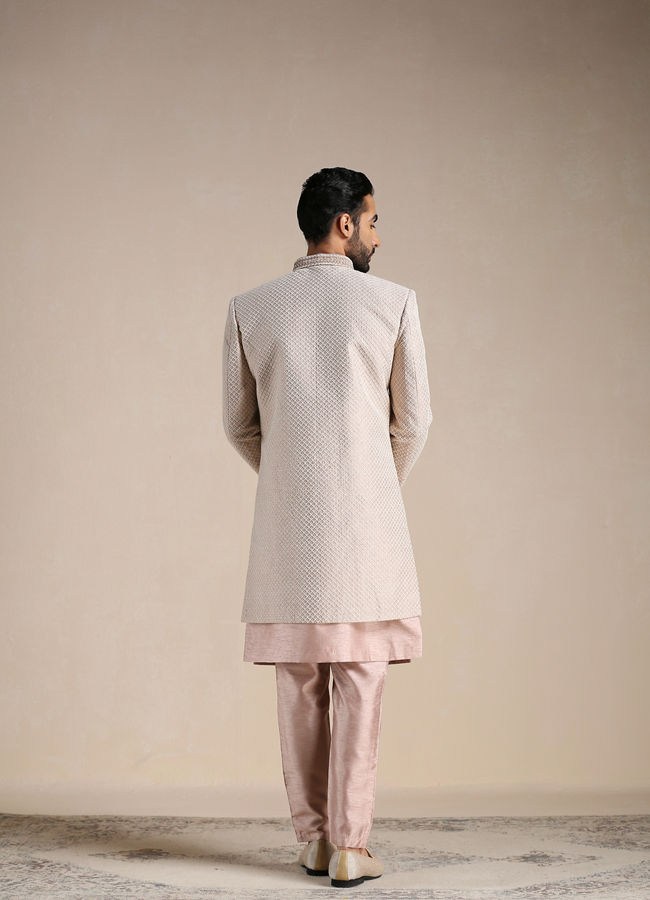 Manyavar Men Soft Pink Self Embroidered Indo Western Set