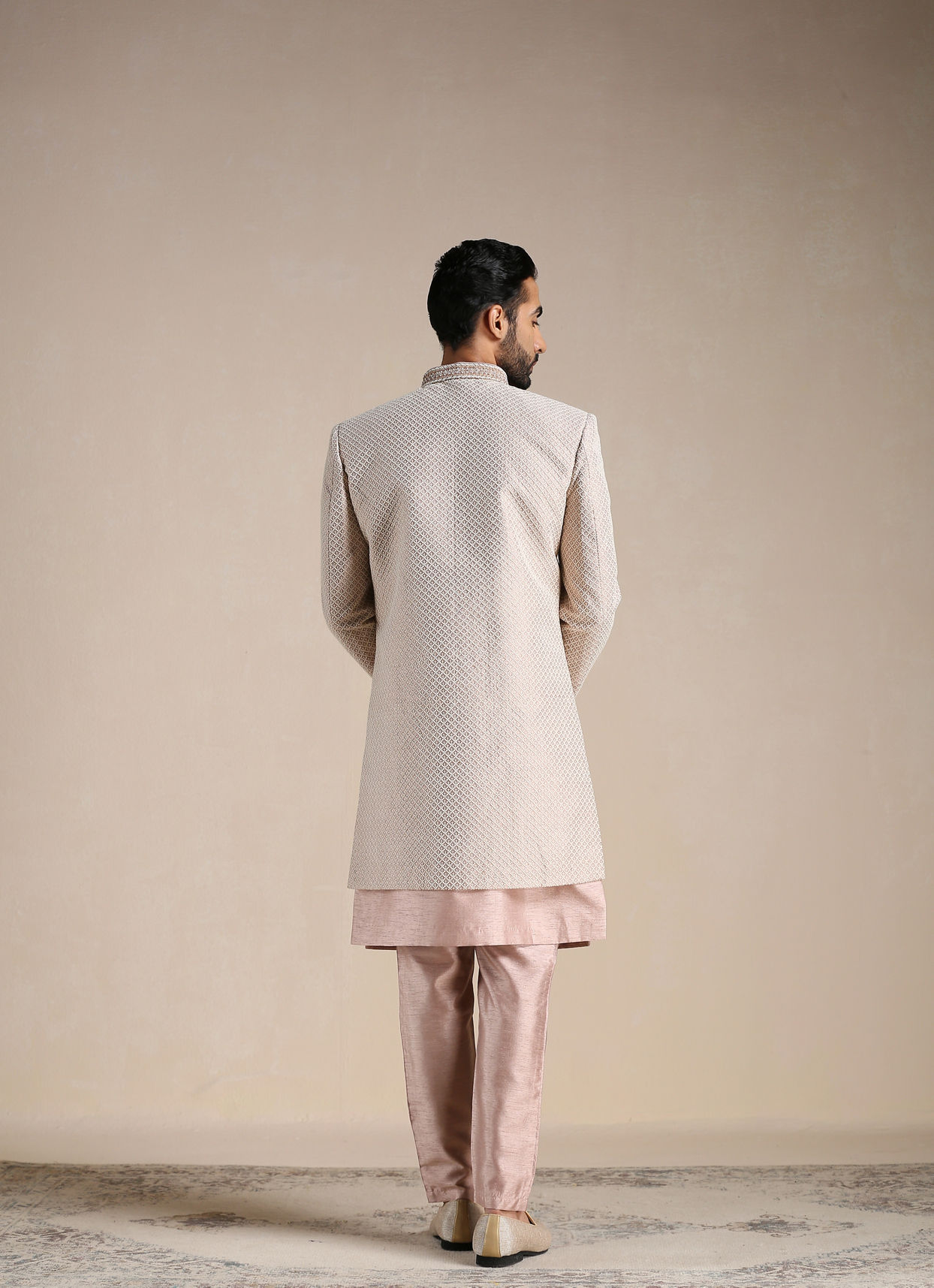 Manyavar Men Soft Pink Self Embroidered Indo Western Set