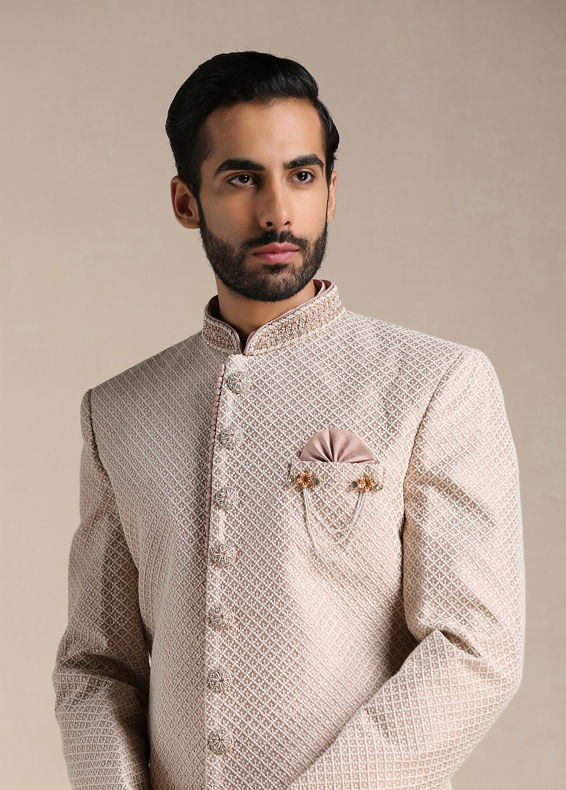 Manyavar Men Soft Pink Self Embroidered Indo Western Set