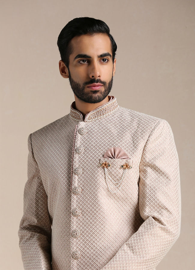 Manyavar Men Soft Pink Self Embroidered Indo Western Set