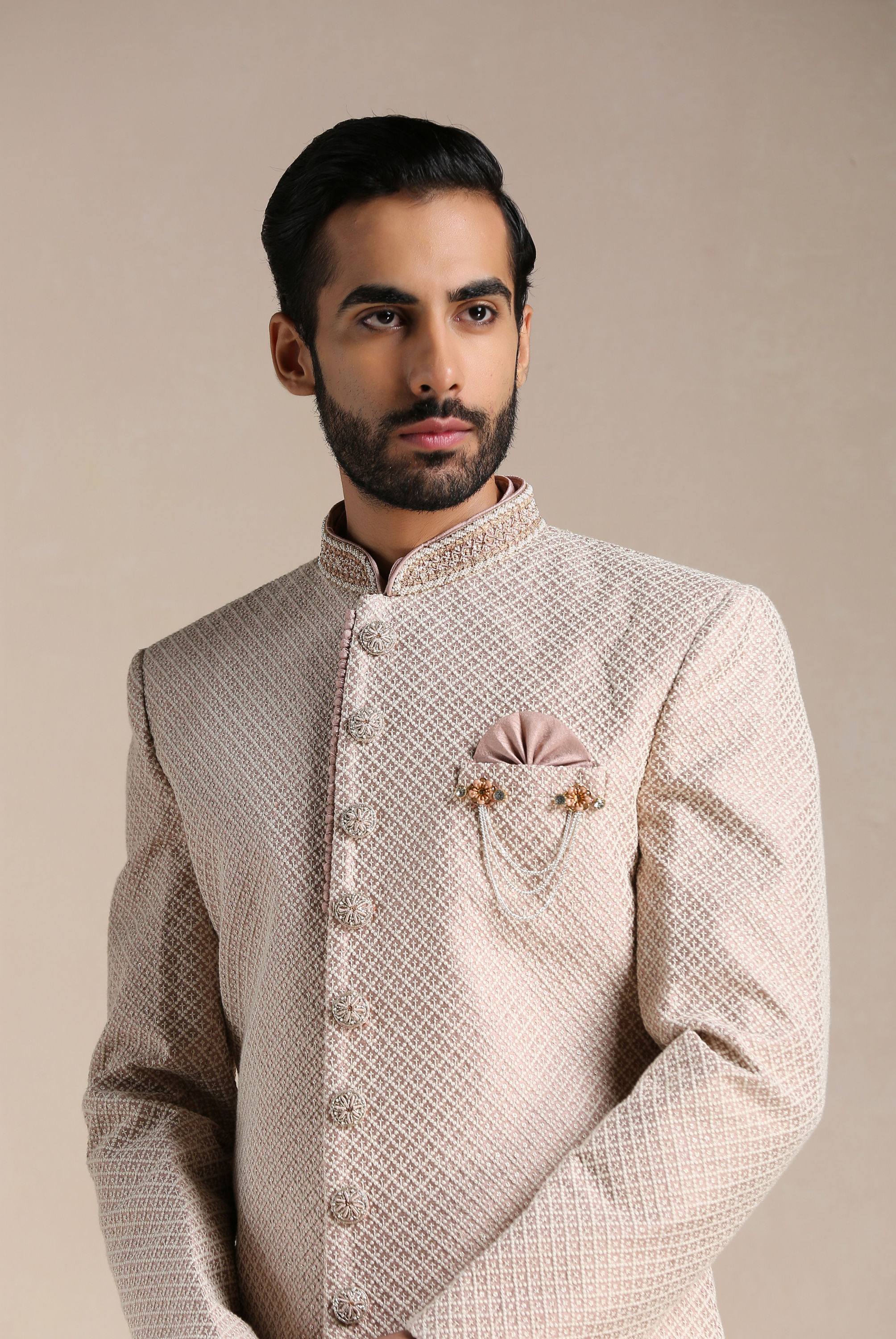Manyavar Men Soft Pink Self Embroidered Indo Western Set