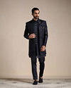 Manyavar Men Space Blue Floral Patterned Achkan Style Indo Western Set