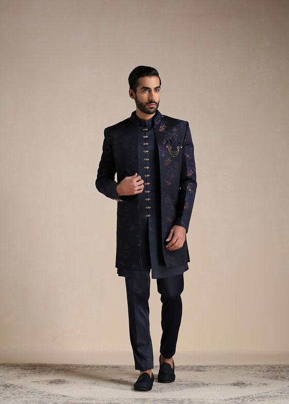 Manyavar Men Space Blue Floral Patterned Achkan Style Indo Western Set