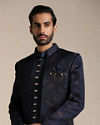 alt message - Manyavar Men Space Blue Floral Patterned Achkan Style Indo Western Set image number 0