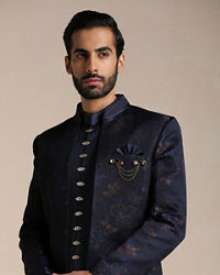 Manyavar Men Space Blue Floral Patterned Achkan Style Indo Western Set