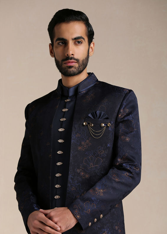 Manyavar Men Space Blue Floral Patterned Achkan Style Indo Western Set