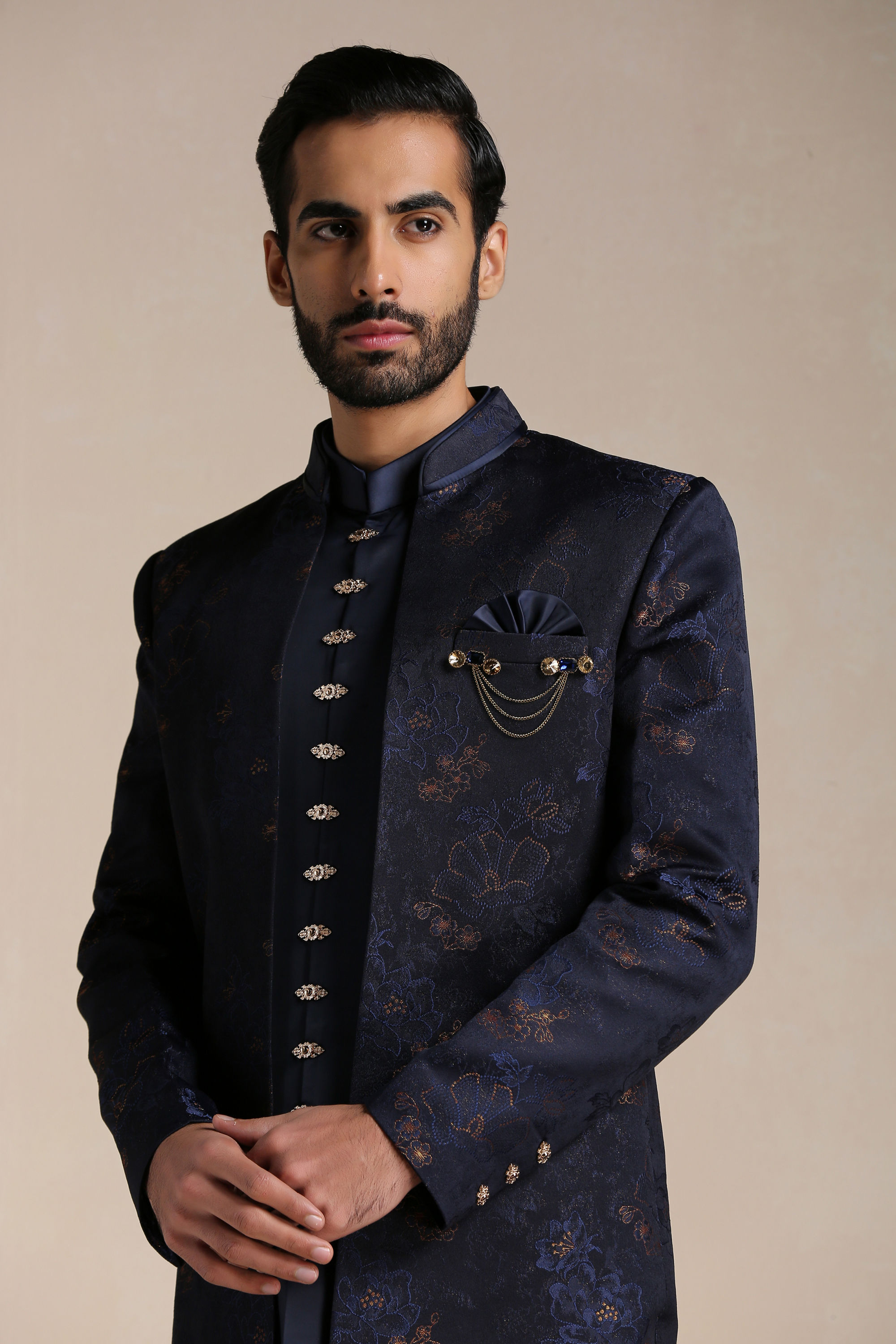 Manyavar Men Space Blue Floral Patterned Achkan Style Indo Western Set