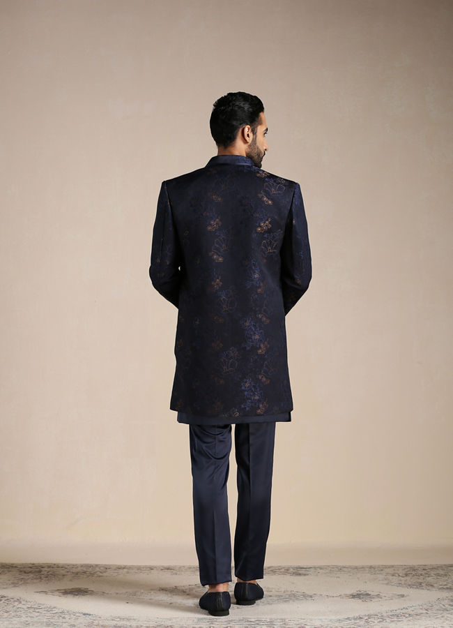 alt message - Manyavar Men Space Blue Floral Patterned Achkan Style Indo Western Set image number 3