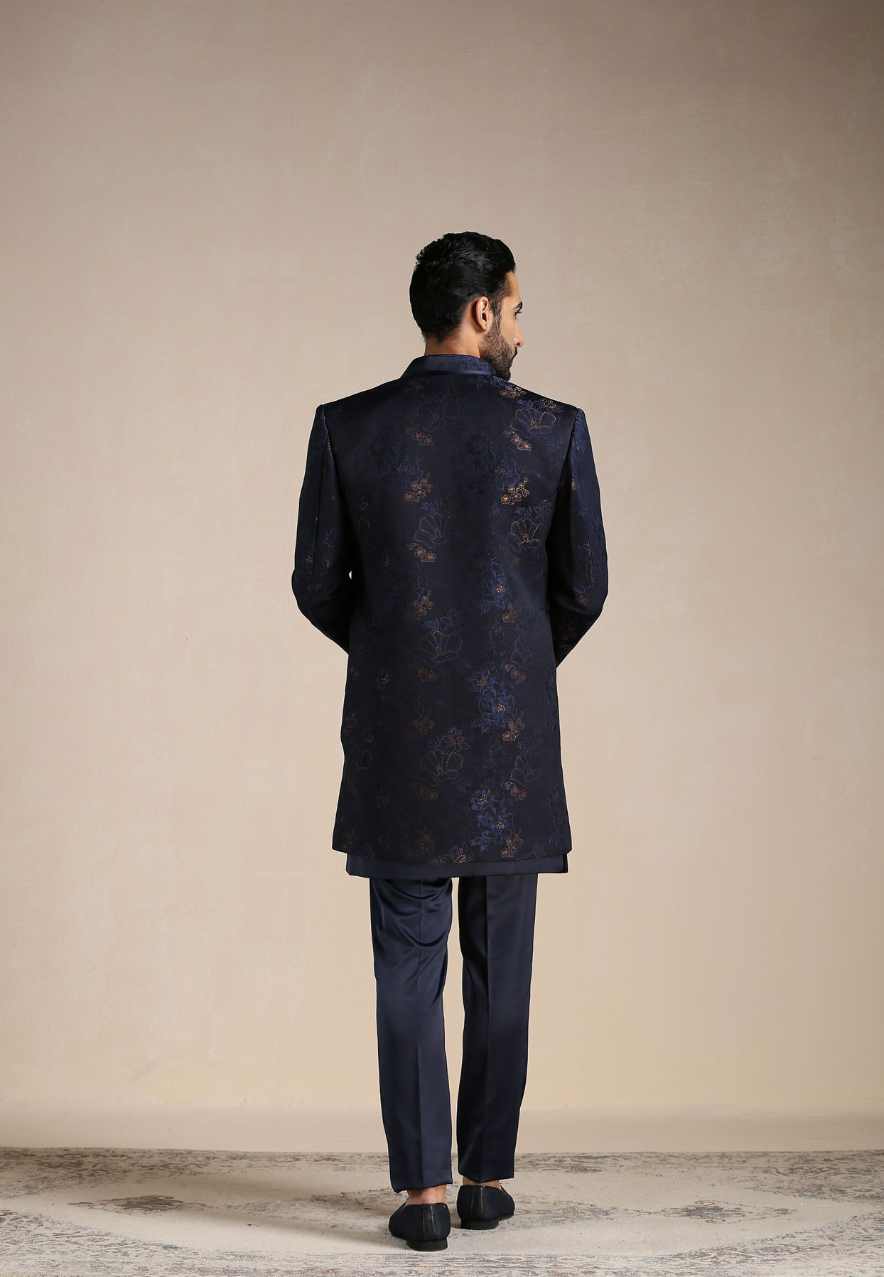 alt message - Manyavar Men Space Blue Floral Patterned Achkan Style Indo Western Set image number 3