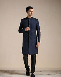 Manyavar Men Sapphire Blue Jaal Patterned Achkan Style Indo Western Set