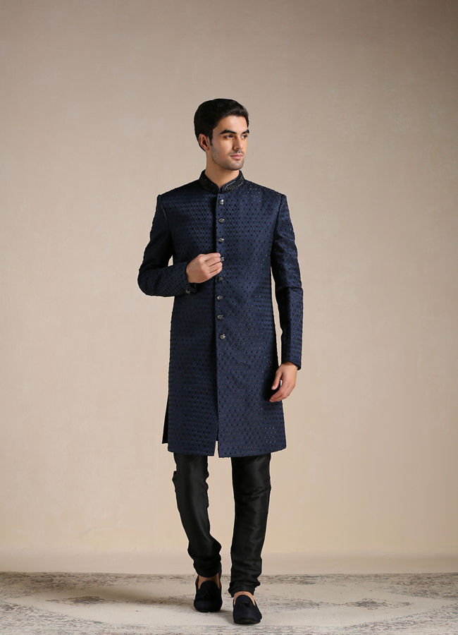 Sapphire Blue Jaal Patterned Achkan Style Indo Western Set image number 1