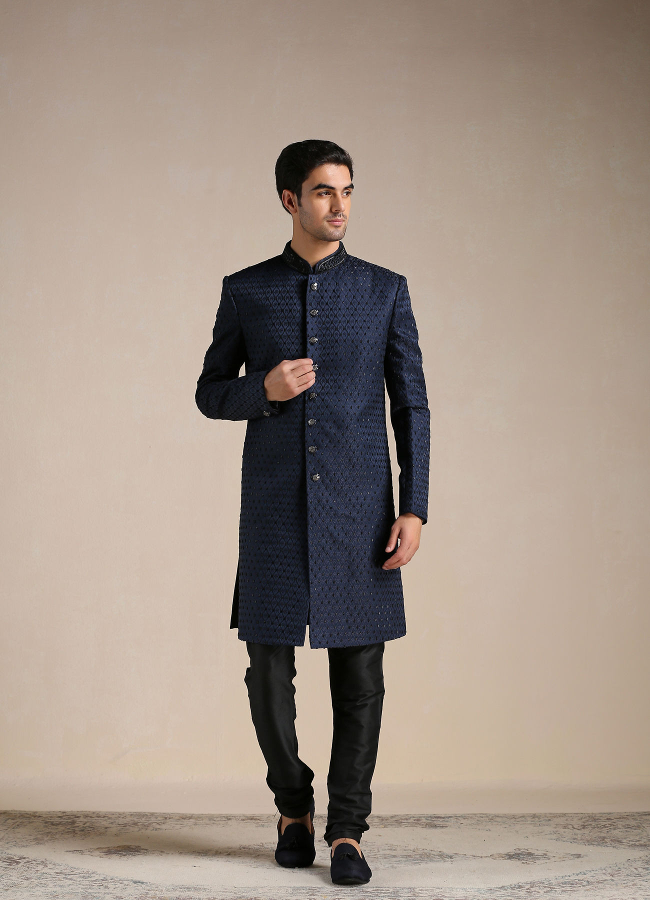 Manyavar Men Sapphire Blue Jaal Patterned Achkan Style Indo Western Set