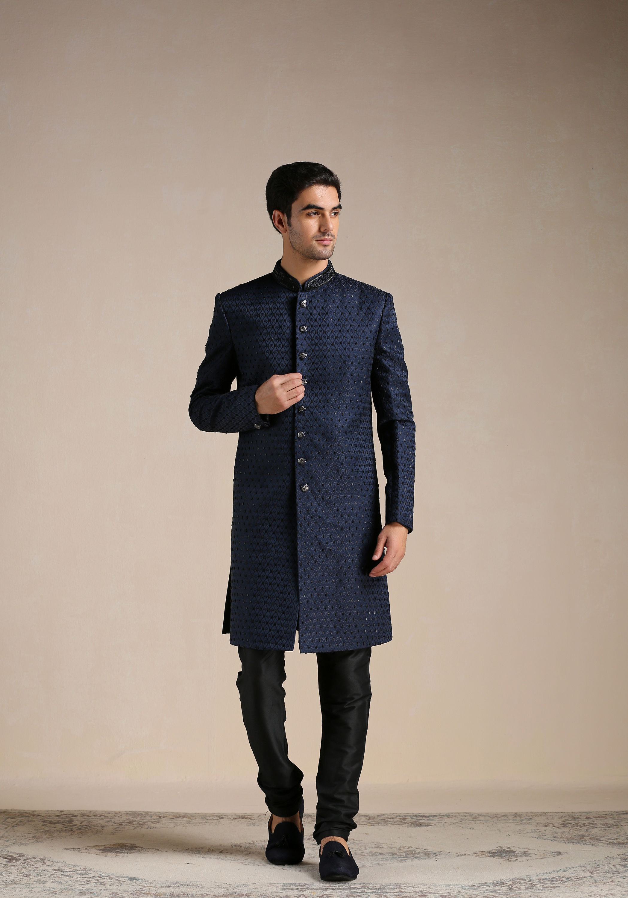 Manyavar Men Sapphire Blue Jaal Patterned Achkan Style Indo Western Set