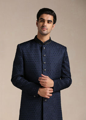 Sapphire Blue Jaal Patterned Achkan Style Indo Western Set image number 0