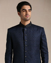 Manyavar Men Sapphire Blue Jaal Patterned Achkan Style Indo Western Set