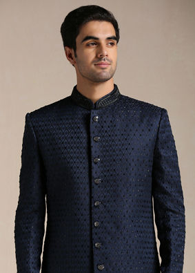 Sapphire Blue Jaal Patterned Achkan Style Indo Western Set image number 2
