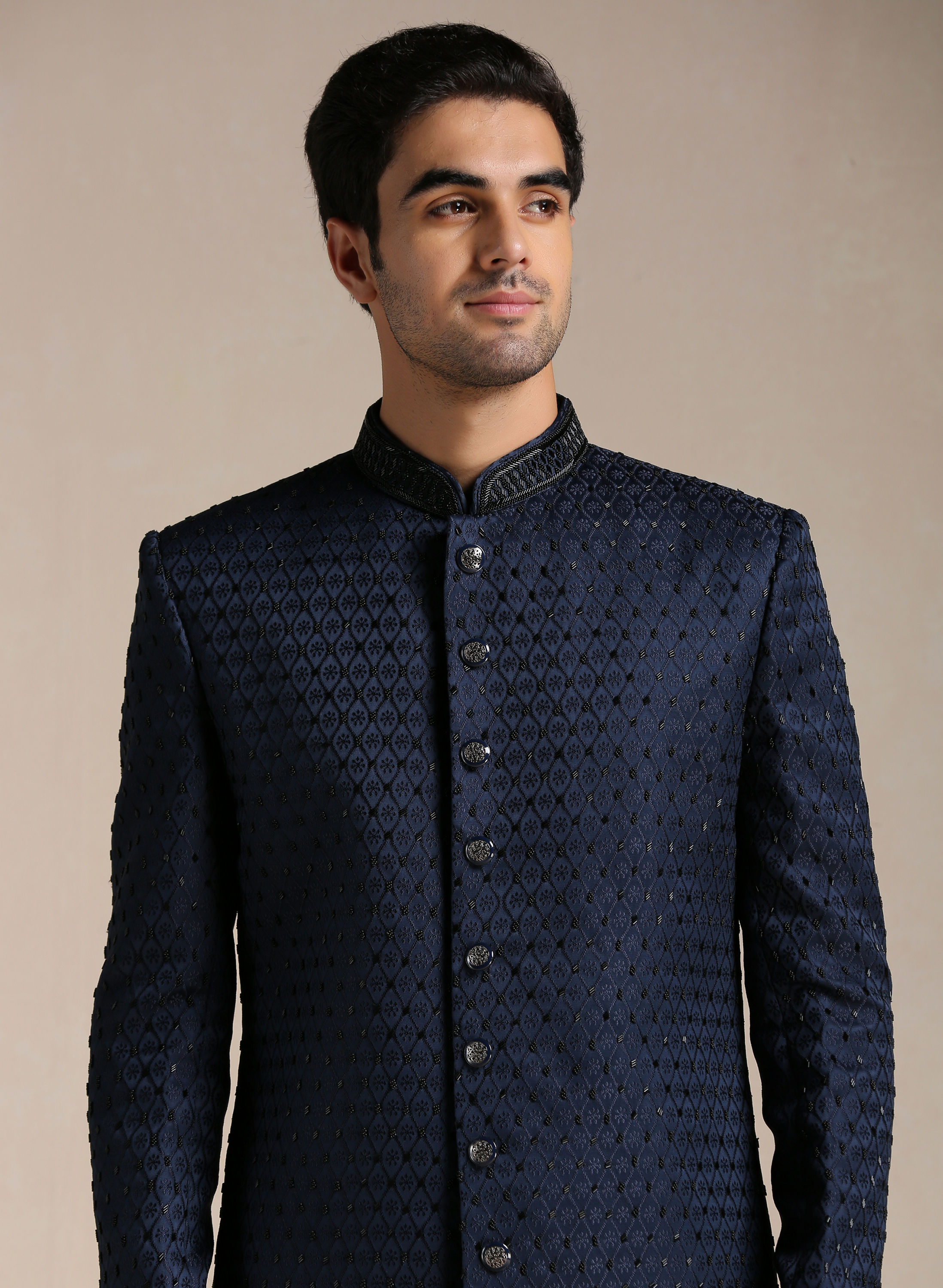 Manyavar Men Sapphire Blue Jaal Patterned Achkan Style Indo Western Set