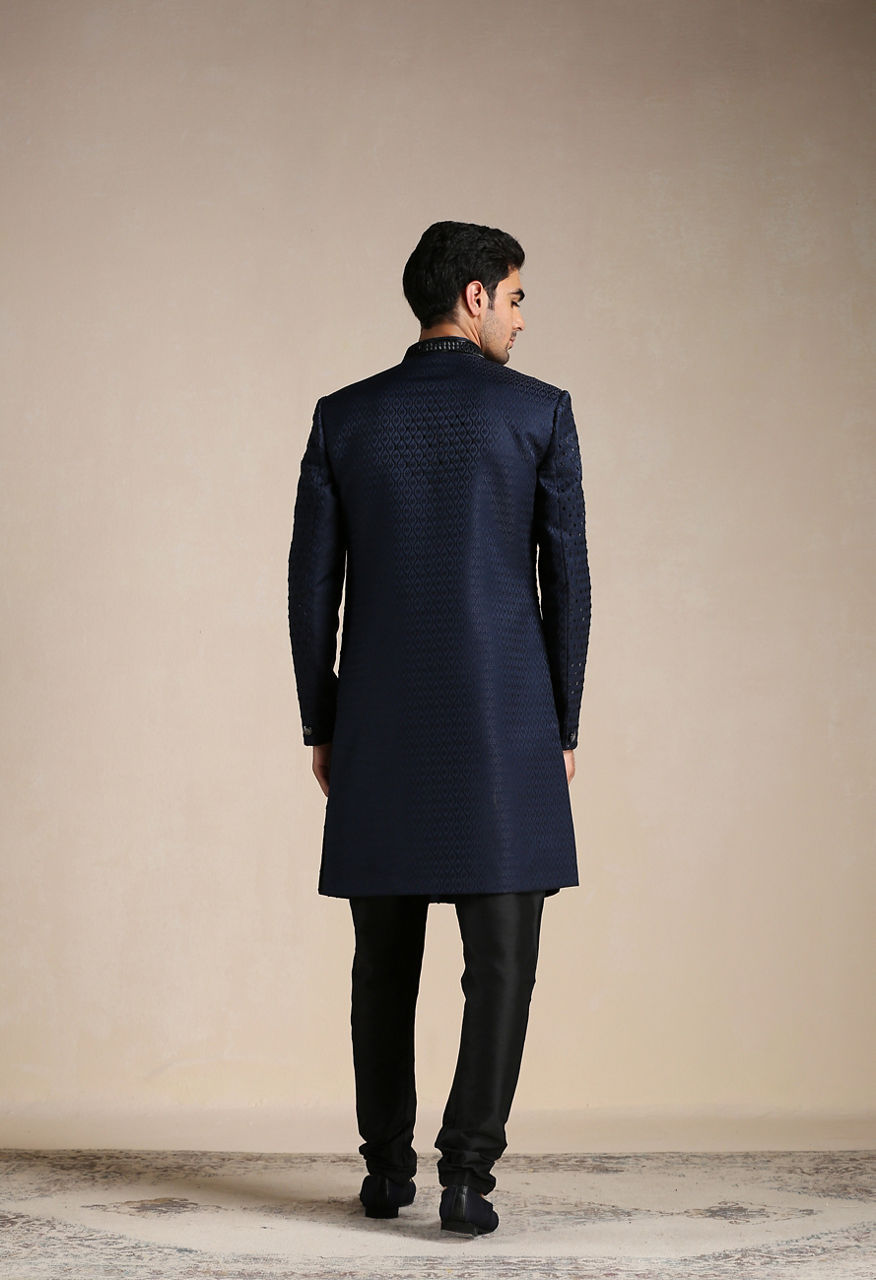 Manyavar Men Sapphire Blue Jaal Patterned Achkan Style Indo Western Set