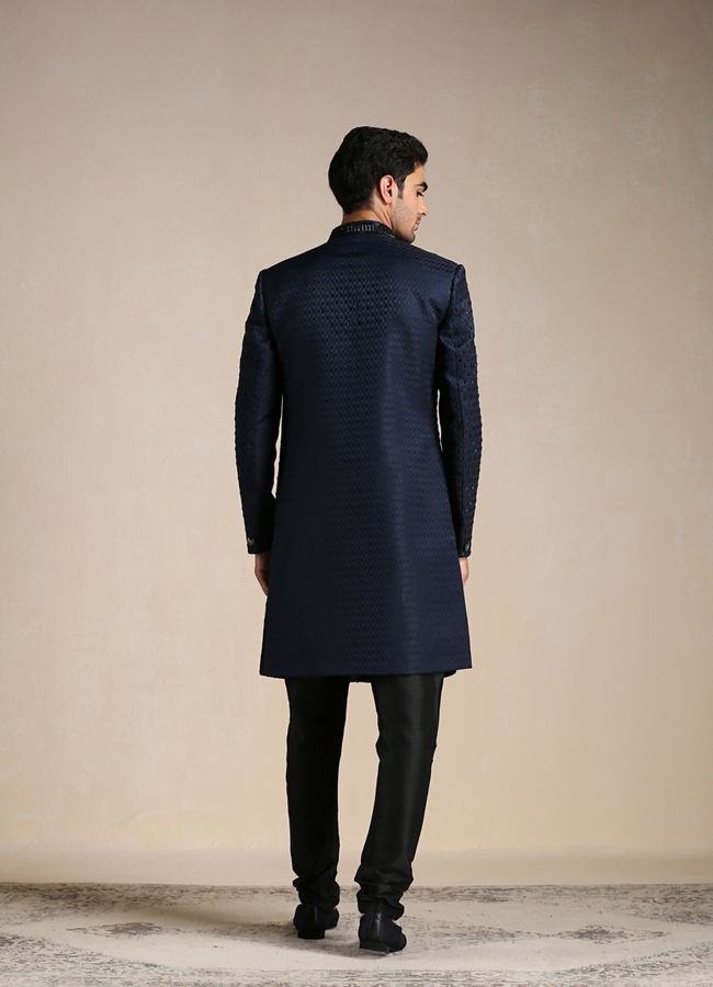 Sapphire Blue Jaal Patterned Achkan Style Indo Western Set image number 3