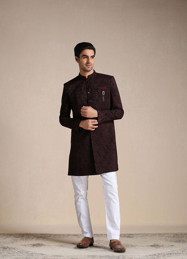 alt message - Manyavar Men Wine Red Achkan Style Indo Western Set image number 1