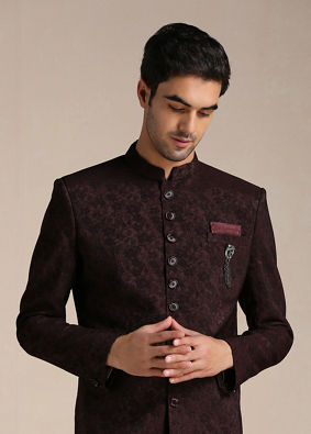 alt message - Manyavar Men Wine Red Achkan Style Indo Western Set image number 0