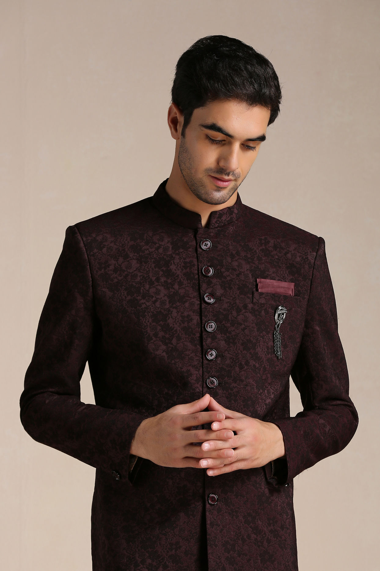 alt message - Manyavar Men Wine Red Achkan Style Indo Western Set image number 0