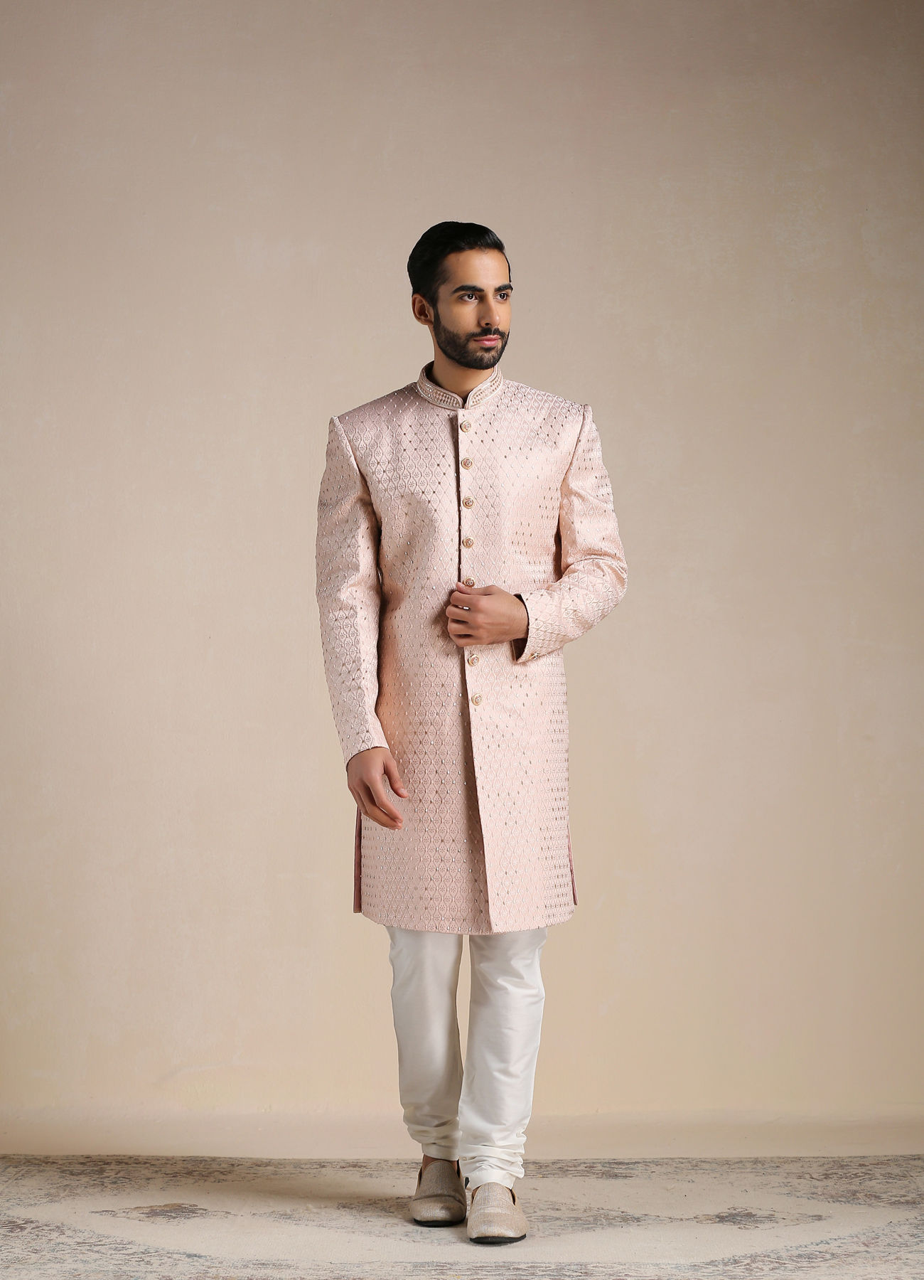 Manyavar Men Primrose Pink Jaal Patterned Indo Western Set