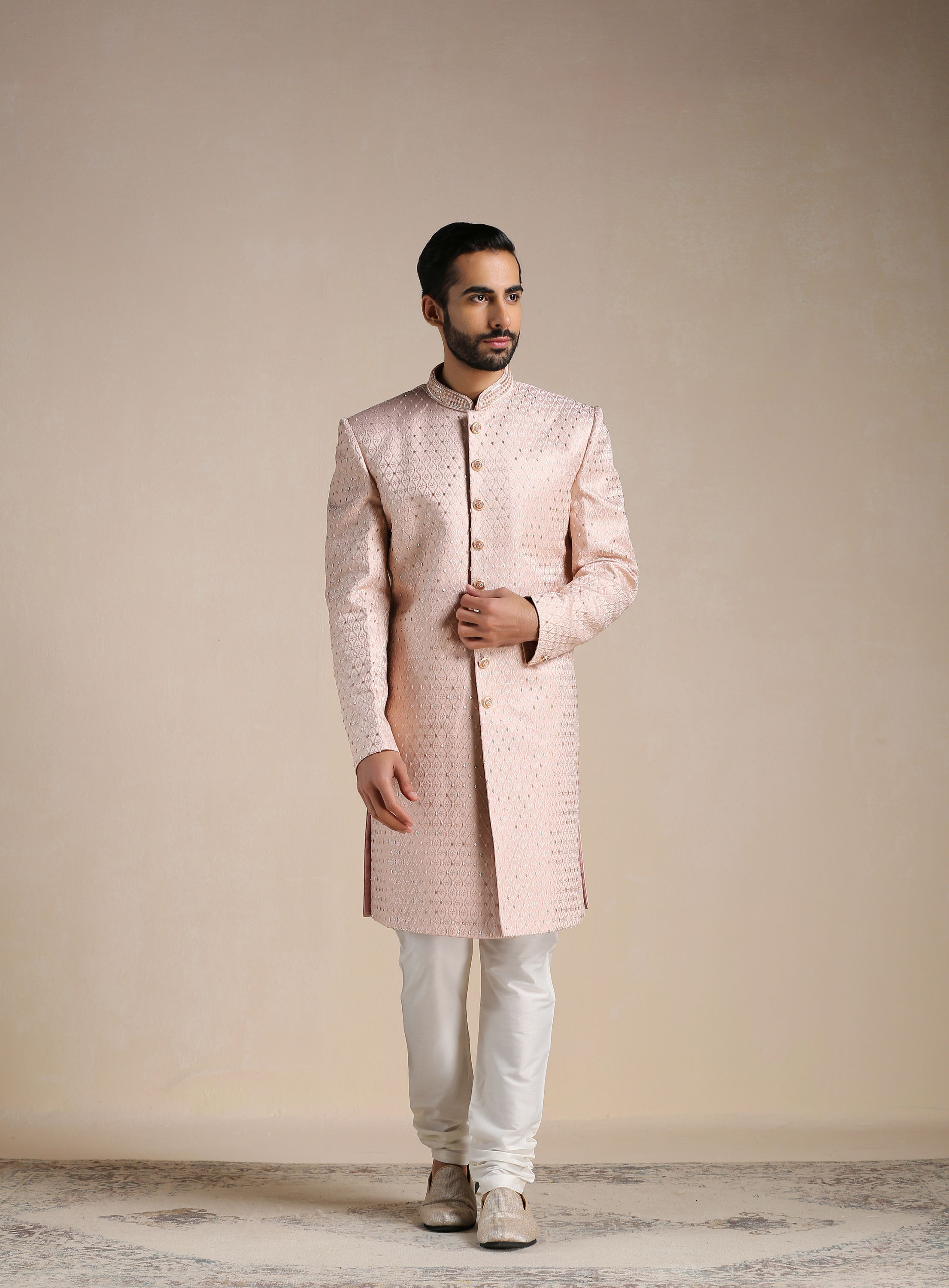 Manyavar Men Primrose Pink Jaal Patterned Indo Western Set