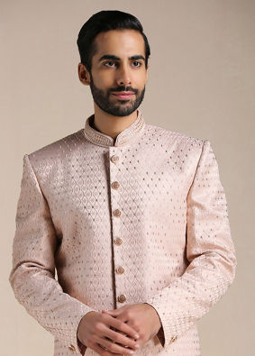 Manyavar Men Primrose Pink Jaal Patterned Indo Western Set