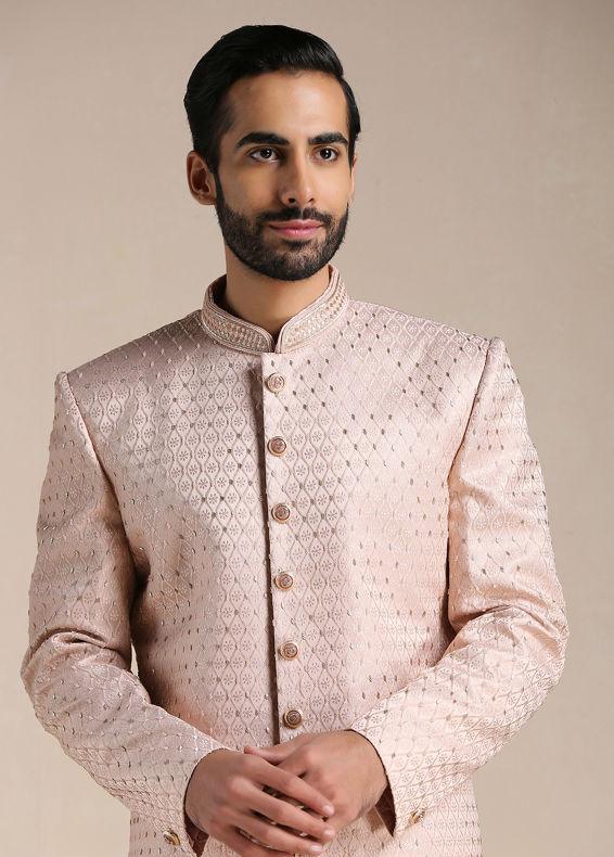 Manyavar Men Primrose Pink Jaal Patterned Indo Western Set