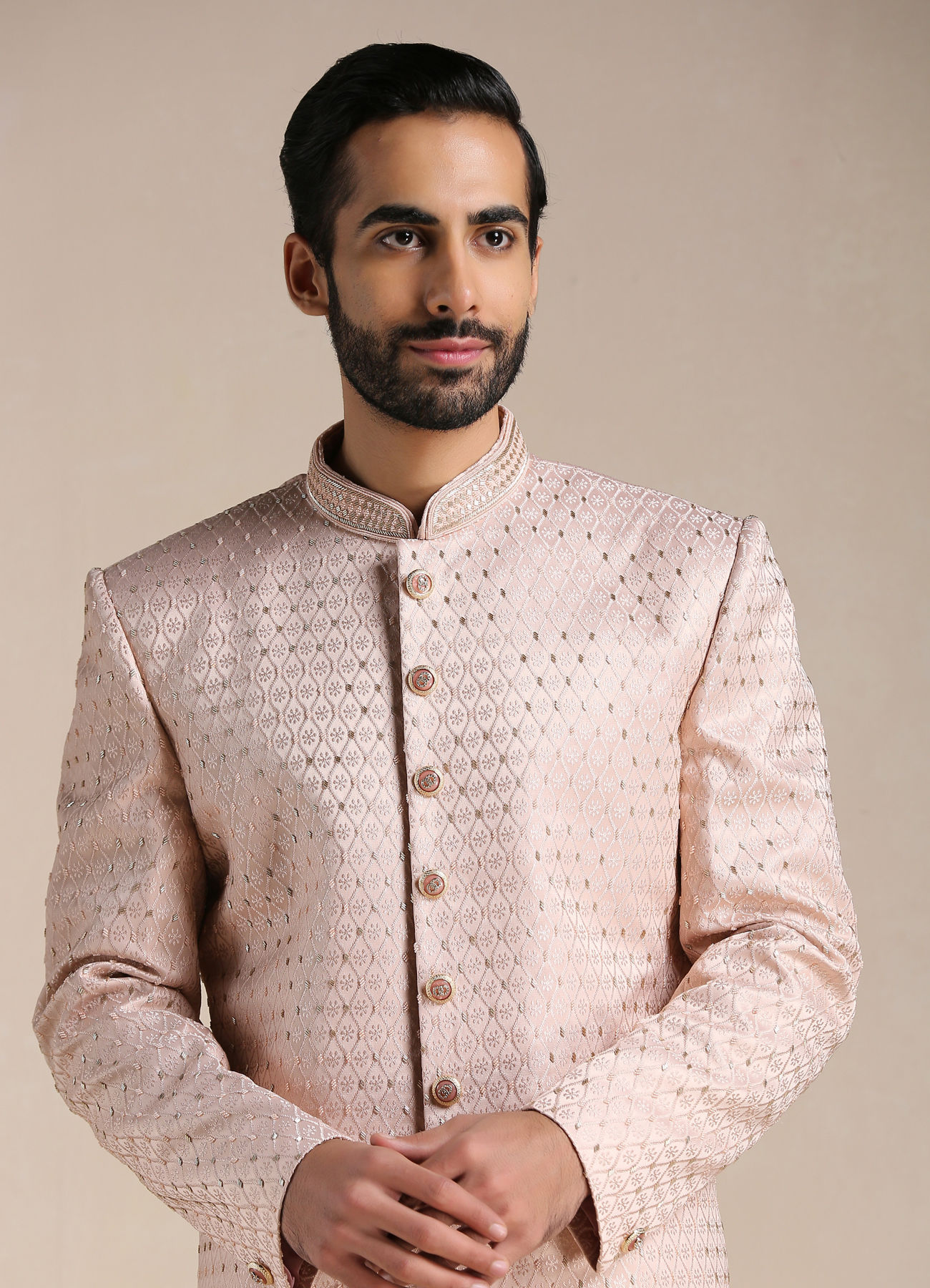 Manyavar Men Primrose Pink Jaal Patterned Indo Western Set