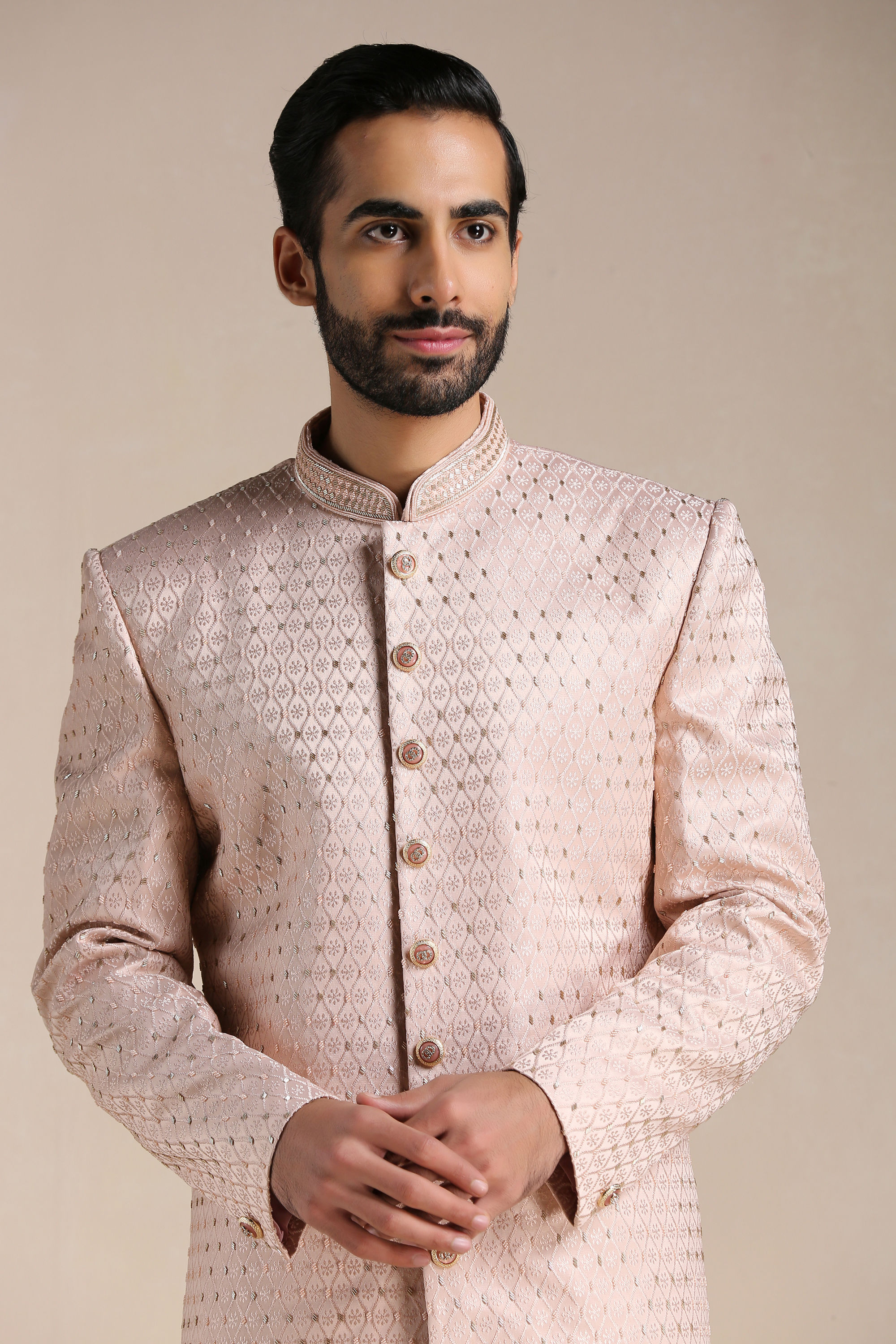 Manyavar Men Primrose Pink Jaal Patterned Indo Western Set