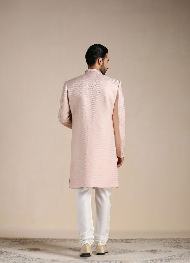 Manyavar Men Primrose Pink Jaal Patterned Indo Western Set