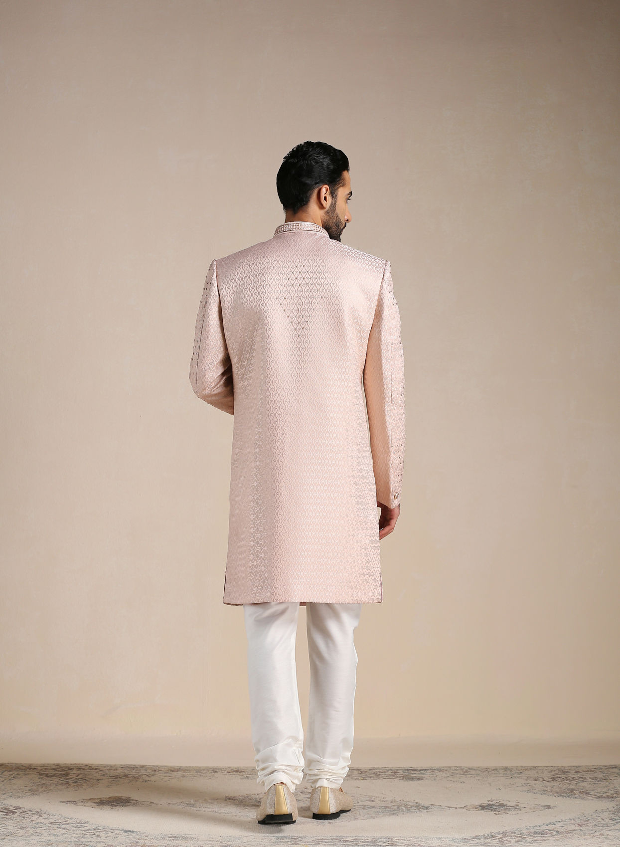 Manyavar Men Primrose Pink Jaal Patterned Indo Western Set