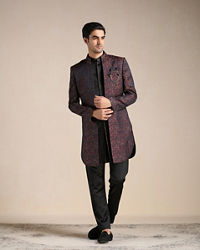 Manyavar Men Midnight Black Paisley Patterned Achkan Style Indo Western Set